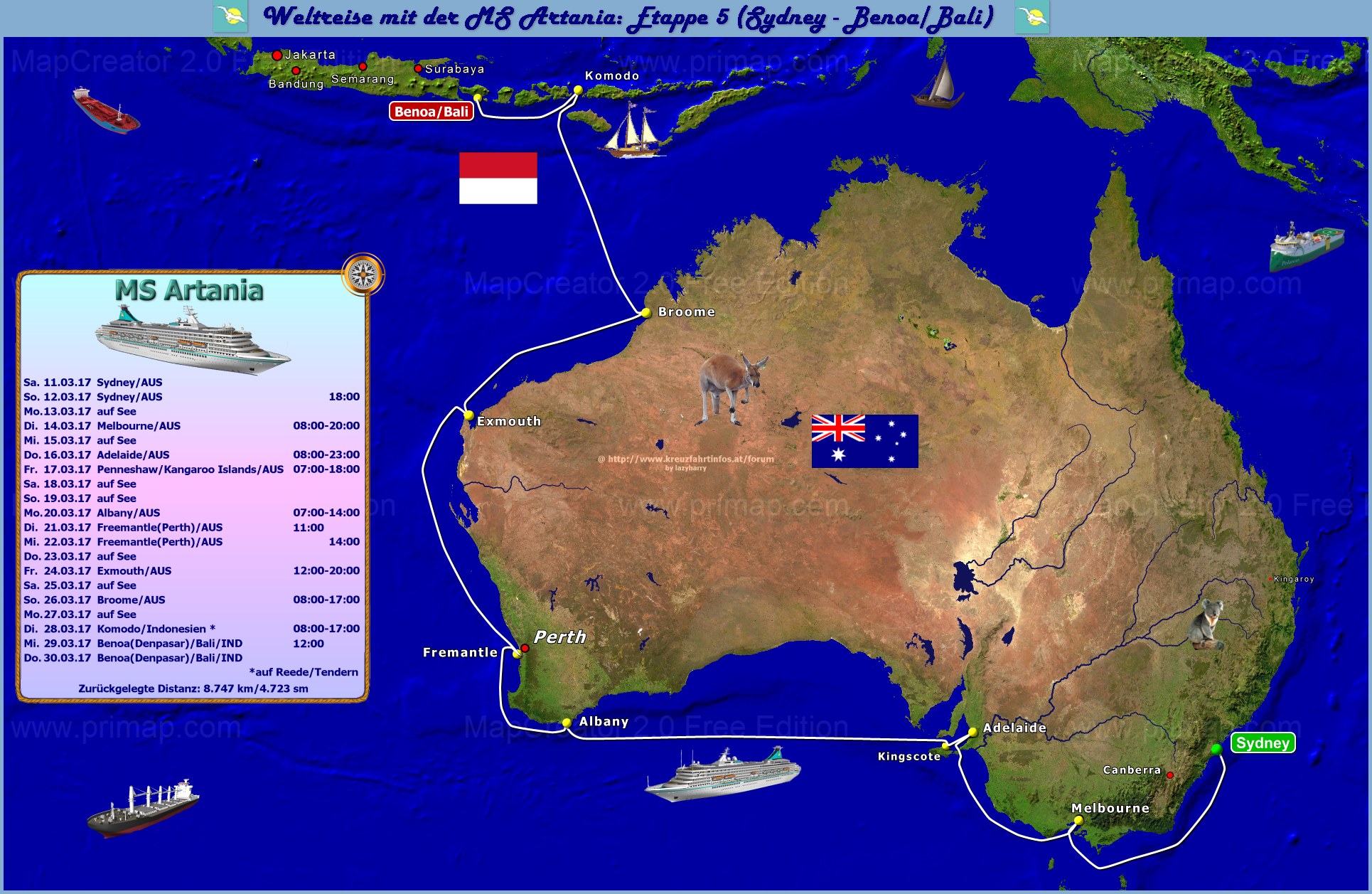 Karte:Etappe 5 - Von Sydney über Perth bis Bali